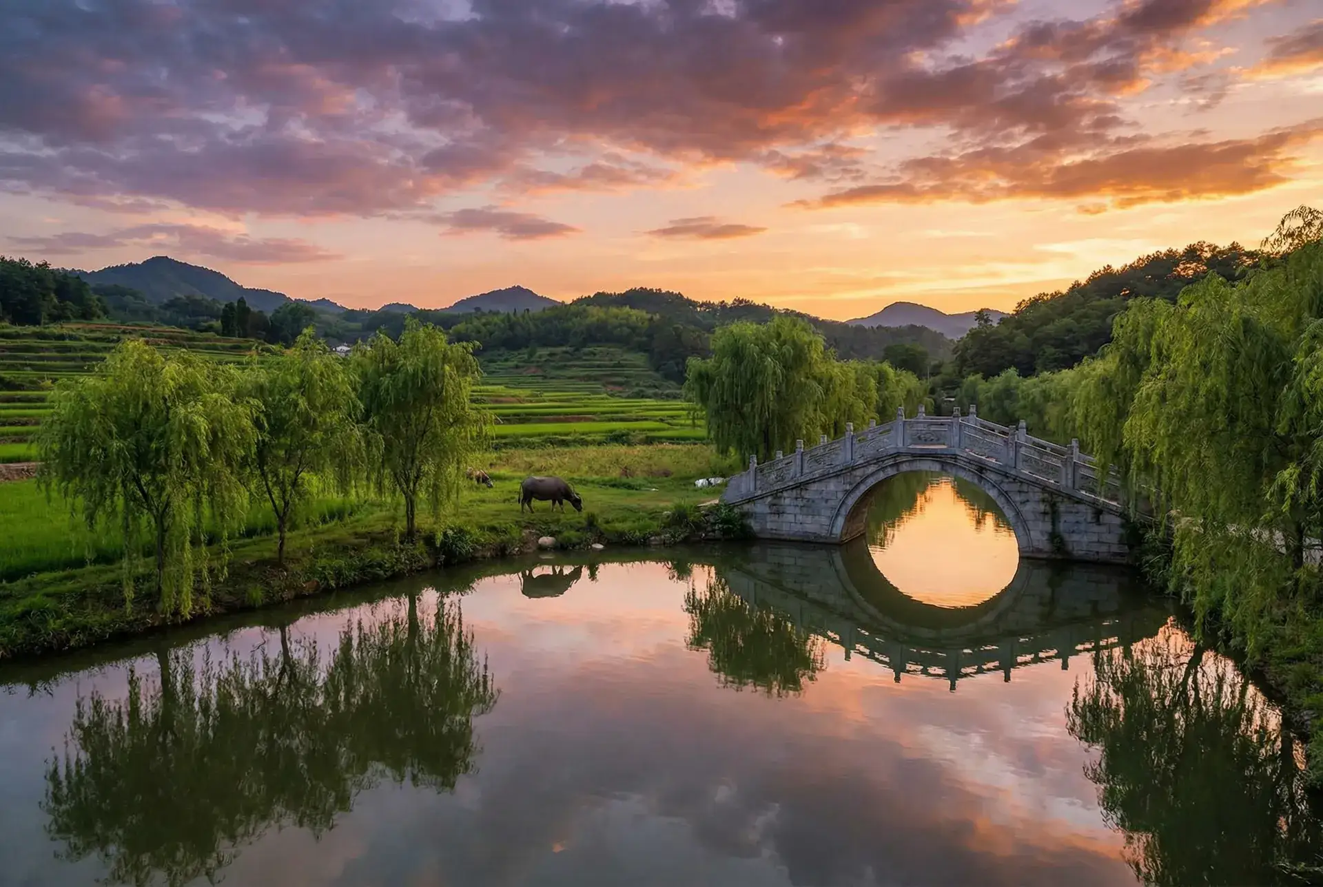 夕阳下的石拱桥与垂柳，水牛在河边吃草 - 少女写真 乡村美景