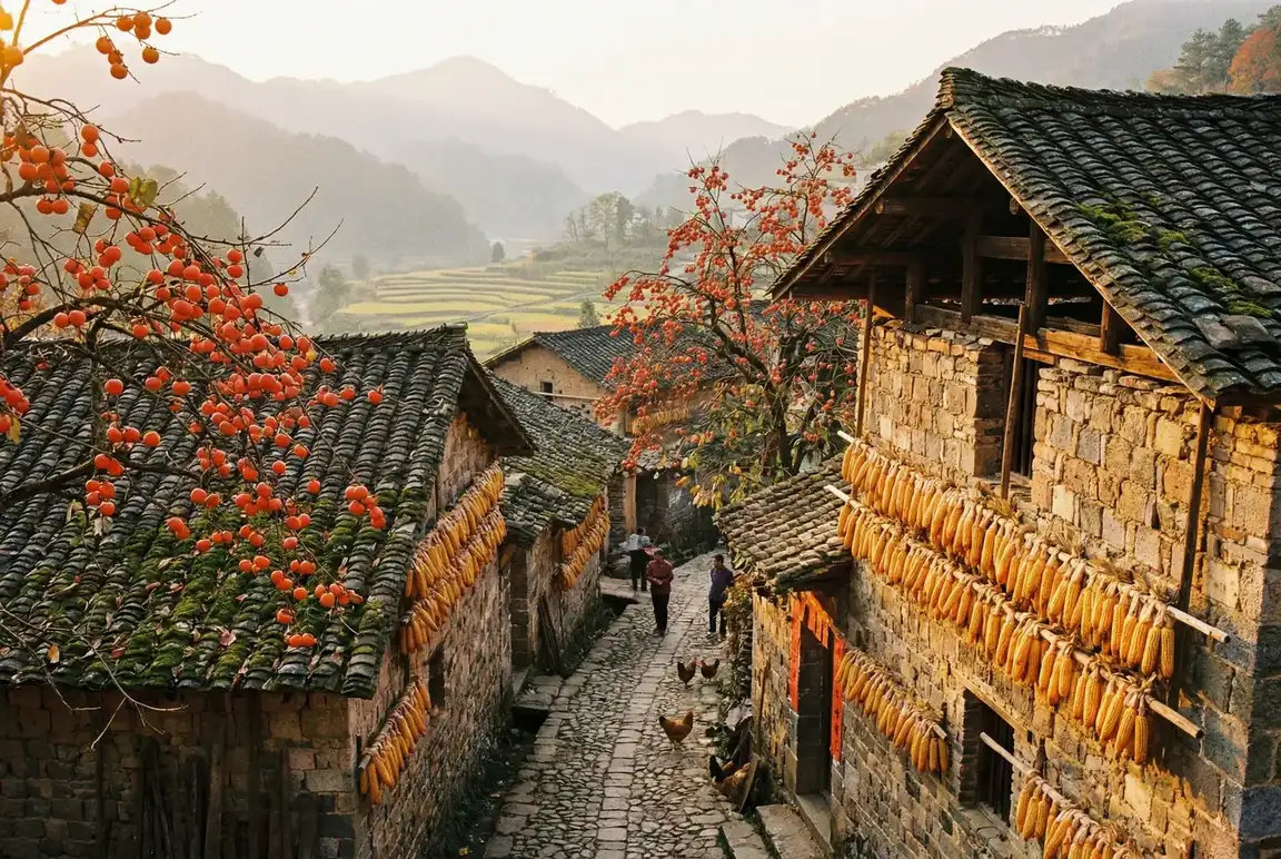 秋天的古村落，柿子树挂满红果，玉米晾晒在墙上 - 少女写真 秋收景象